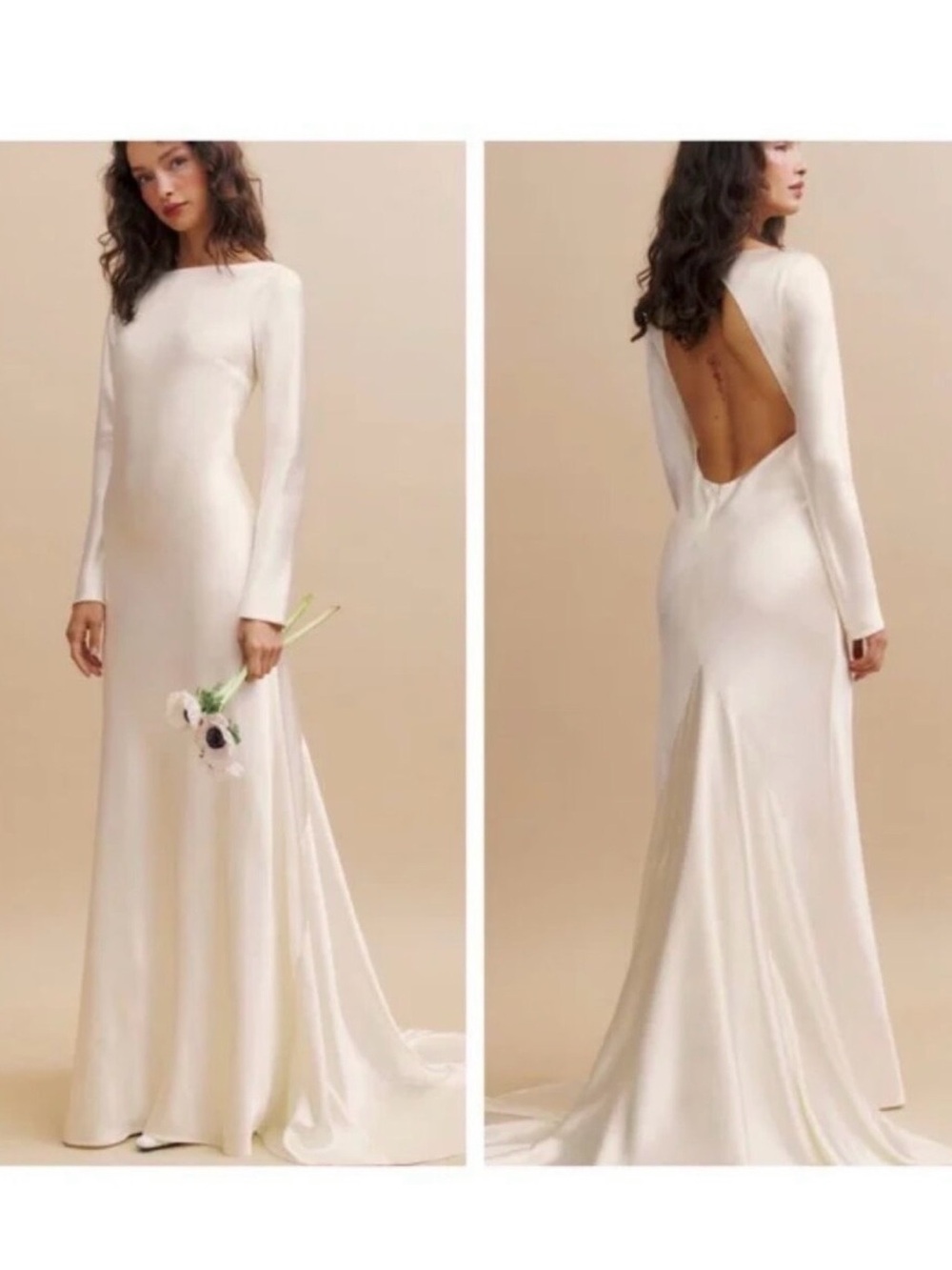 Reformation Adwen Ivory Long-Sleeve Open-Back Real Silk Bridal Gown with Train